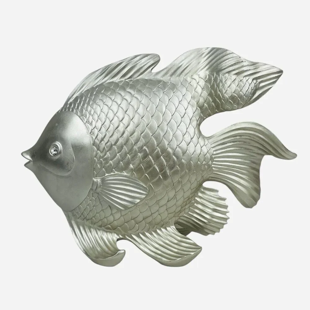 Large Silver Fantail Fish Resin Statue Jewel Rhinestone Eyes Sculpture Decor Art